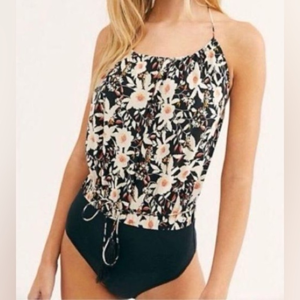 Intimately Free People Liza Bodysuit Halter Backless Black Floral Size XS